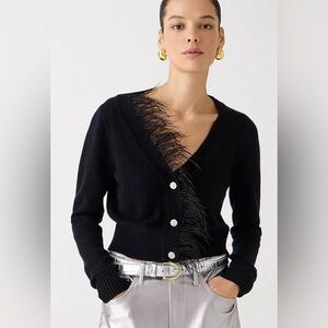 J. Crew Feather-trim cashmere wool cropped cardigan jewel buttons Black Size L